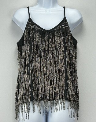 Boston Proper Beaded Fringe Tank Top Cami Size 6 Black Party Dance Clubwear