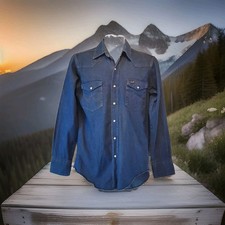 Vintage Mens Wrangler Pearl Snap 100 Cotton Denim Shirt   Med 15-34 Long Sleeve