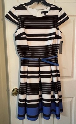 Madison Leigh dress size 8 Blue Black White striped w/cap sleeves & belt NEW