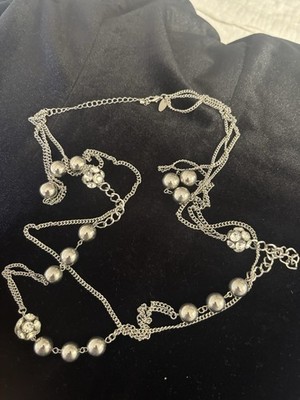 Silver Tone Layered Cable Chain Necklace Crystal & Imitation Pearl Adjustable