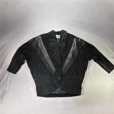 Global Identity G-III Leather Jacket S Black Suede 80s Prom Bomber Clubwear VTG
