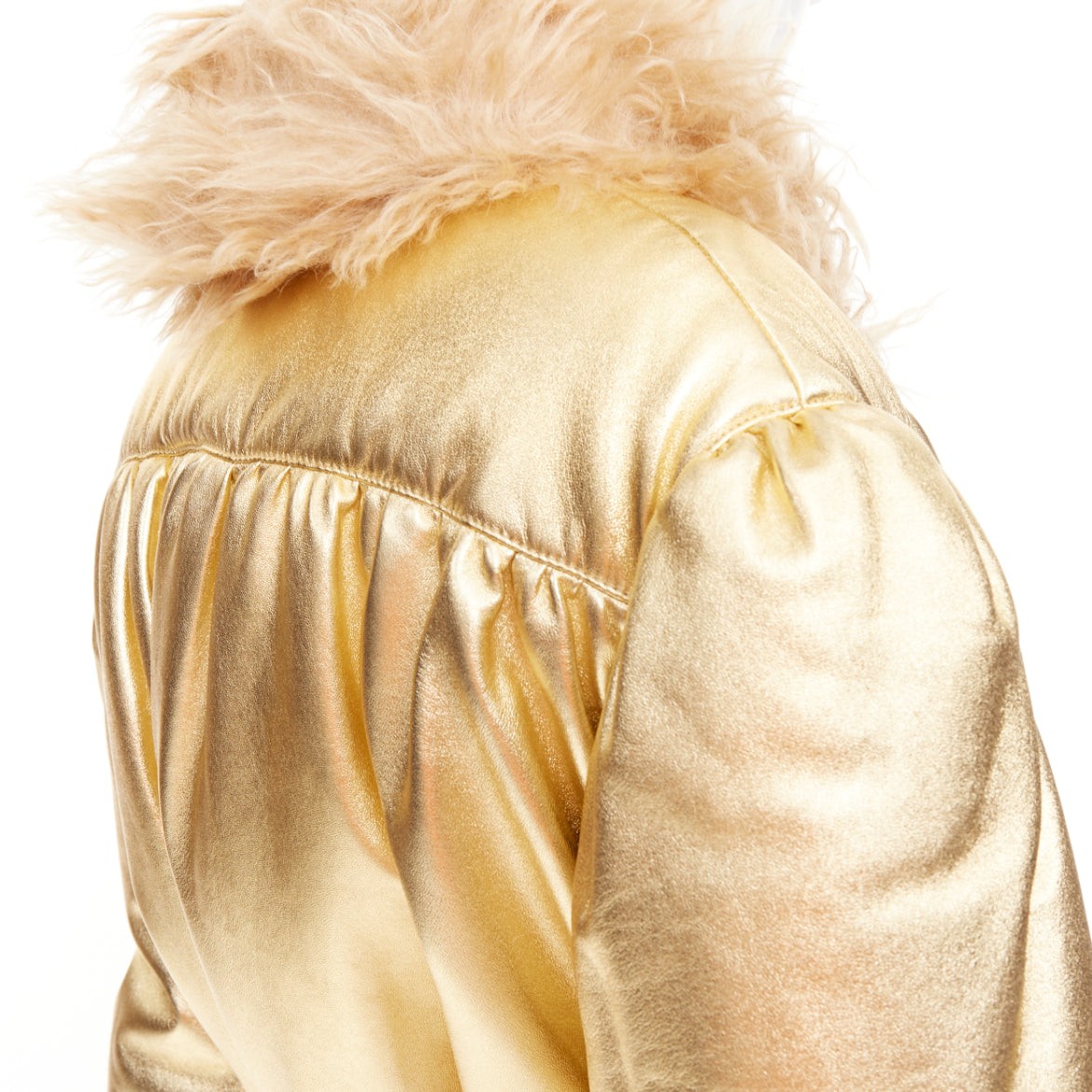 MIU MIU 2019 gold lambskin brown mohair shaggy fur collar robe coat IT36 XXS image 2