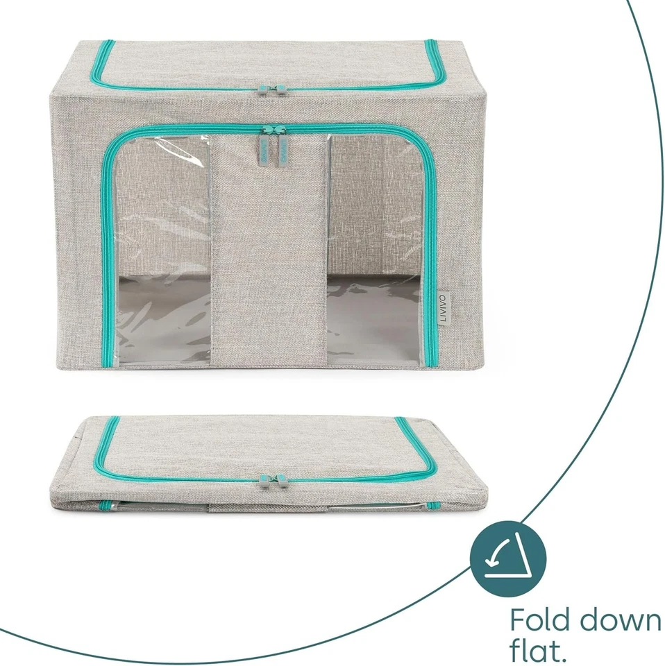 LIVIVO 3 Foldable Storage Boxes–66L with Steel Frame, Windows & Zips(Grey/Green) - Image 2 of 4