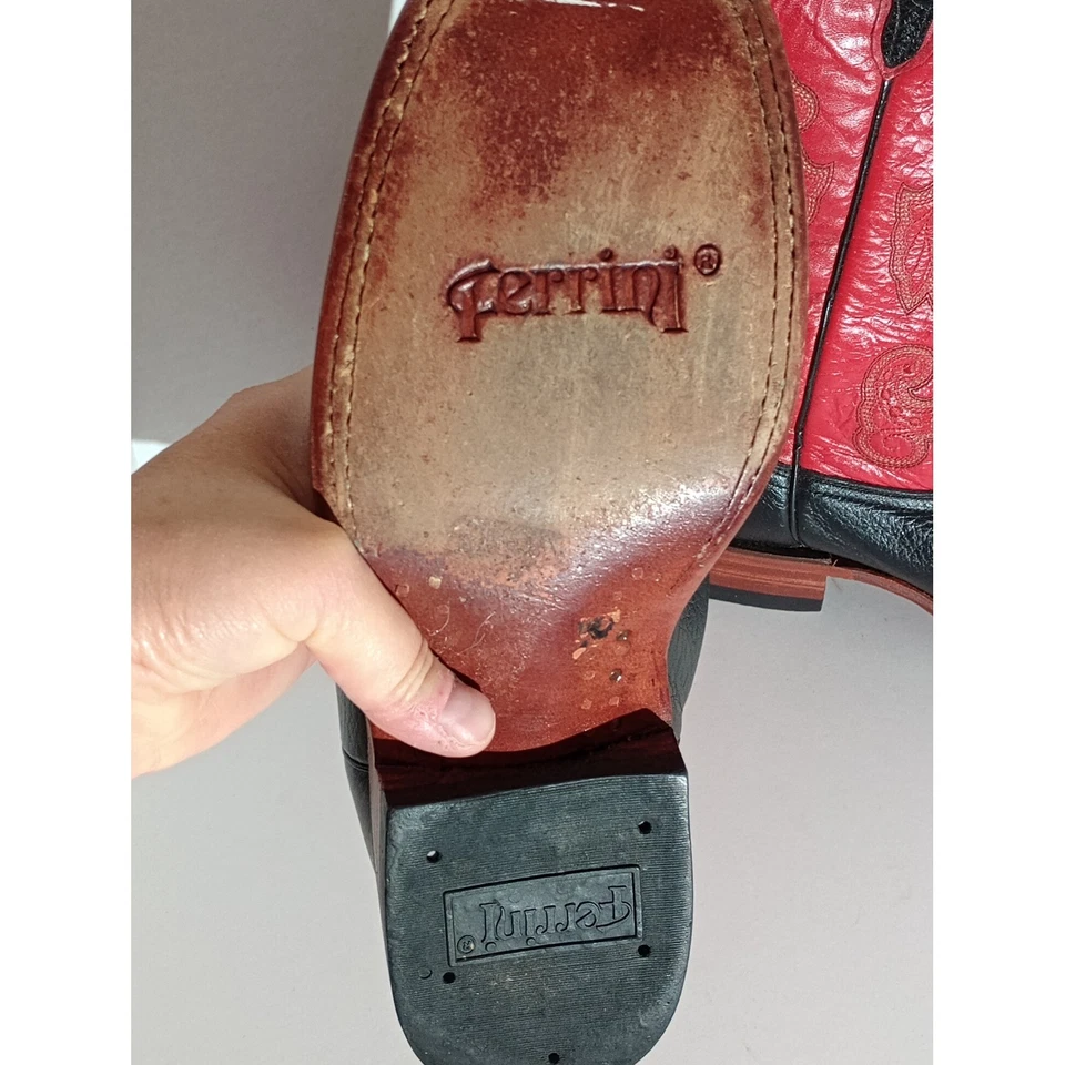Botas de Vaquero Ferrini Para Mujer Talla 8.5B Puntera Cuadrada Rojo Negro Cuero Western Foto 4 de 4