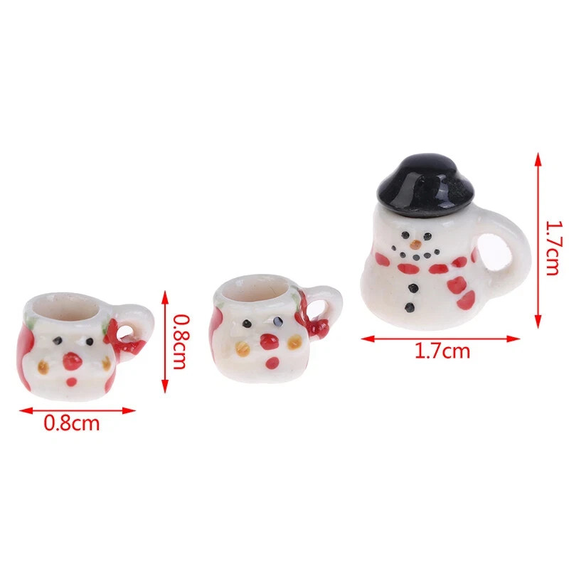 3Pcs Dollhouse Miniature 1:12 Scale China Set Mug Coffee Cups Christmas Teapot