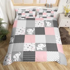 Cute Elephant Duvet Cover for Boys,Girls Pink Grid Comforter Cover Full Size,...