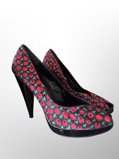 Betsey Johnson Peep Toe Pumps Clovis Black Satin Red Rose Floral Cone Heel Sz 8