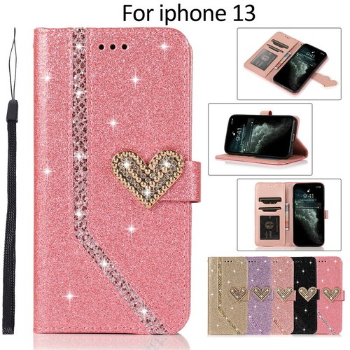 For iPhone 15 14 Pro Max 13 12 11 Glitter Bling Leather Wallet Flip Case Cover - Picture 2 of 17
