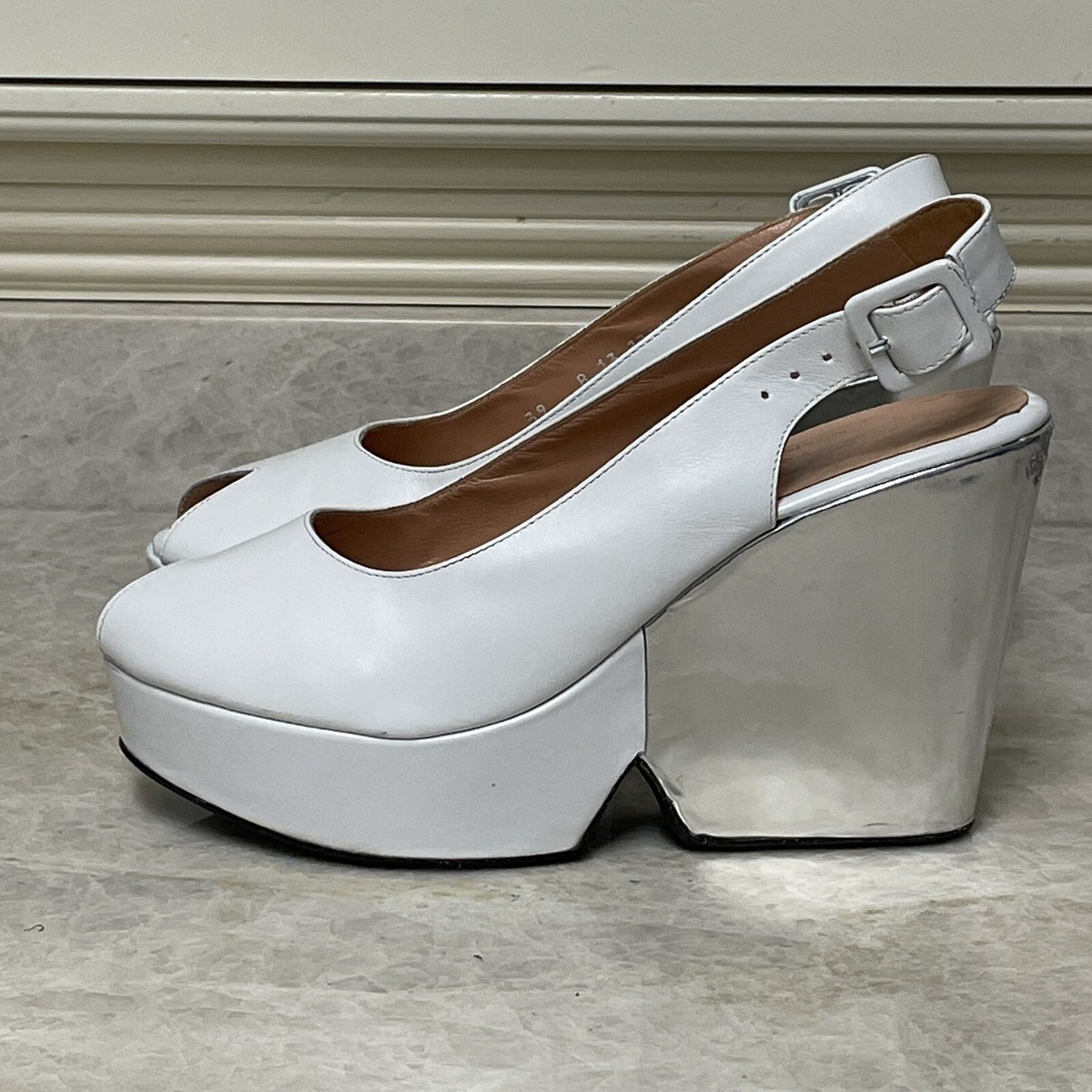 Clergerie Dylan Wedge Sandal Womens 39 8.5 White Silver Slingback