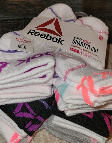 2 X Reebok Girls Youth 6-Pk Quarter Cut Socks Sz S 4-8 White Multicolo 12 pairs