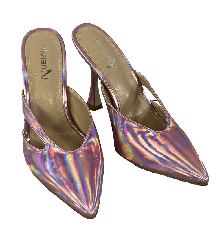 Vivian NY Pink Iridescent Ultra Heels Pumps Mules Shoes size 7.5 M Prom Wedding