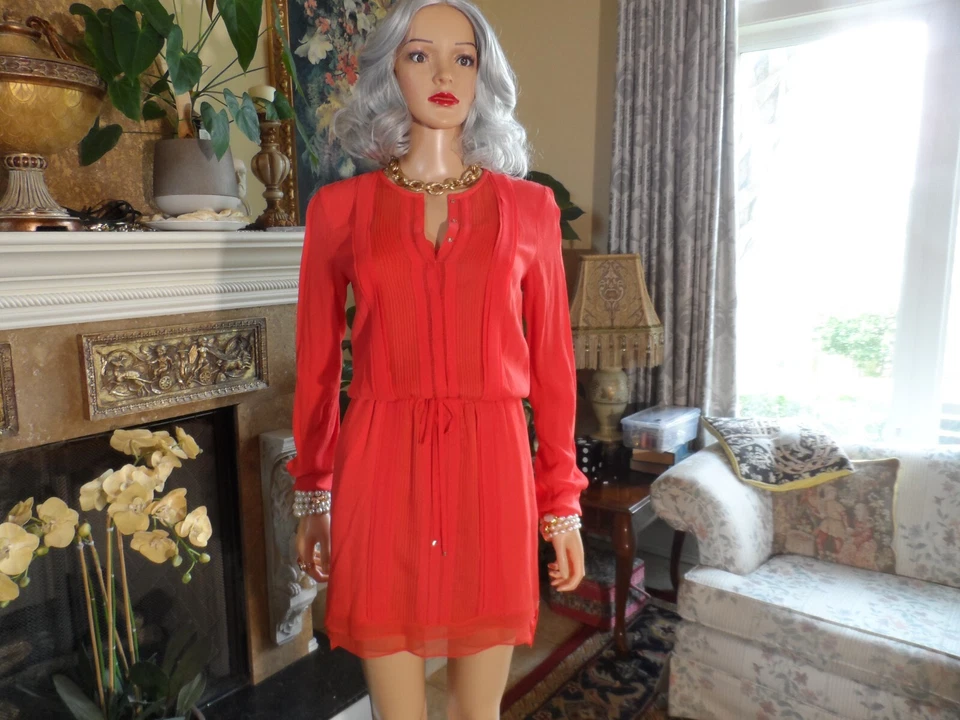 Vestido Diane Von Furstenberg Rojo Mezcla Seda Gasa Pinktuck Ribete Cintura Corbata Talla 2 Foto 2 de 4