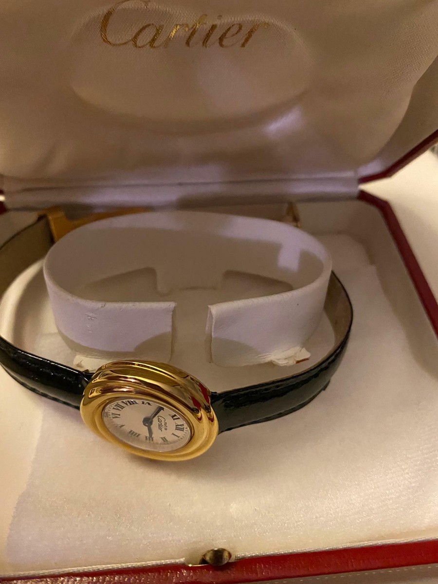 AUTHENTIC RARE VINTAGE CARTIER TRINITY WATCH - BLACK LEATHER STRAP - WITH BOX Cartier Trinity Rose Movement: Battery Price: Sold Size  main image 3