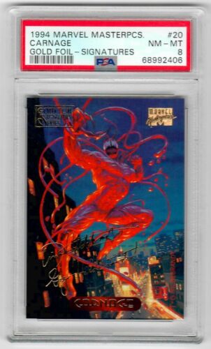 Marvel Masterpieces 1994 Carnage #20 inserto de firma de lámina dorada PSA 8 Low Pop  - Imagen 1 de 1