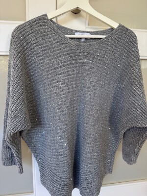 Damen Alpaka und Wolle Strickpullover Fledermaus Ärmel Grau Glitzer Grösse 44/46