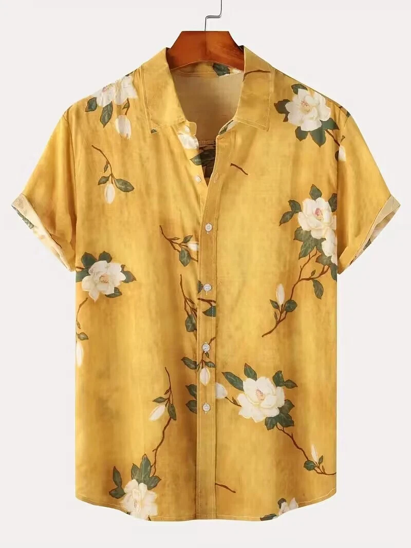 Button Up Short Sleeve Shirt Yellow Men Summer Slim Fit Floral Shirt