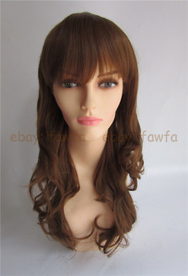 Golden Brown Long Curly Wave Wig Synthetic Hair Full Bangs Women