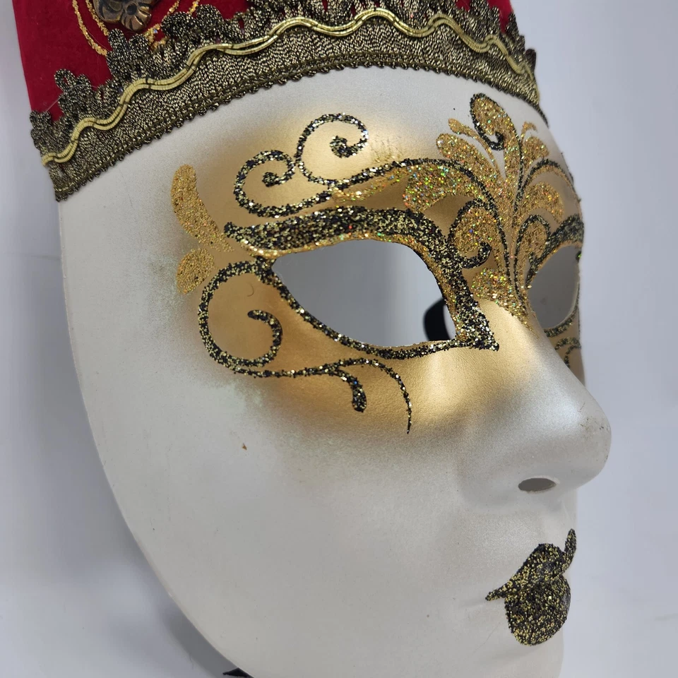 VTG Venetian Italian Masquerade Red & Gold Volto Princess Crown Full Face Mask - Image 4 of 4