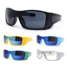 Mens 90s Futuristic Wrap Around Sport Rectangular Shield Plastic Sunglasses
