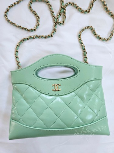 AUTHENTIC Chanel 31 Nano Light Green Shiny Crumpled Quilted Calfskin Season 24S