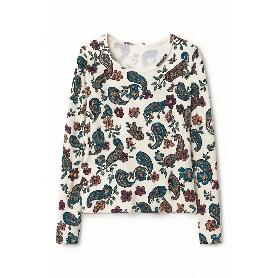 Womens Paisley Print Long Sleeve Top L Soft Casual Blouse Cream Multicolor - Image 2 of 4