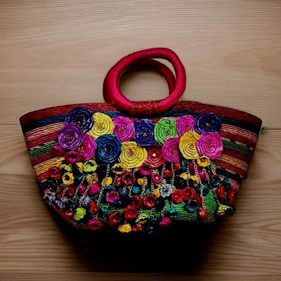 Vintage Tote Bag Straw Flowers Bolsa De Palma  Hand Made  Big Colorful 20x10×6''