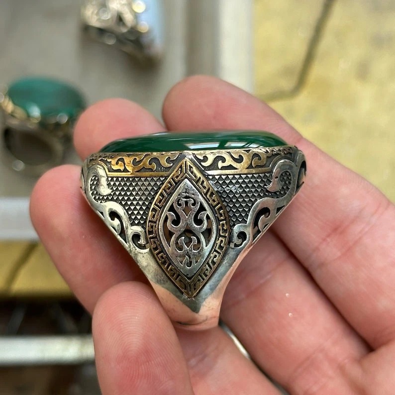 Anillo de piedra de ágata verde grande hecho a mano 925 para hombre, anillo de piedra de ágata natural Foto 3 de 4