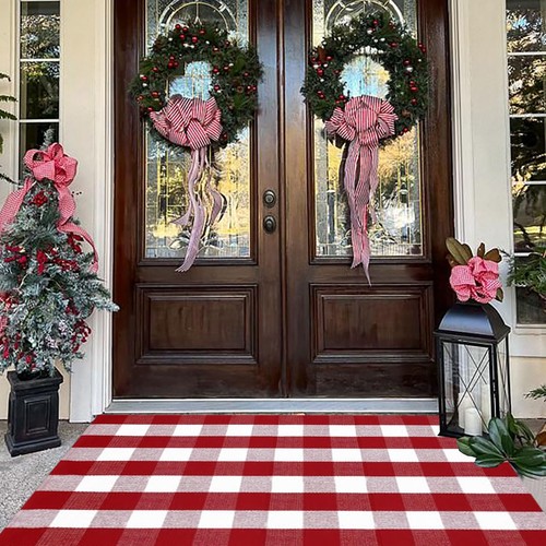 Buffalo Plaid Outdoor Rug, 3'x5' Red&White Christmas Check Indoor/Outdoor Are...