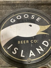 Large 24” GOOSE ISLAND Wooden BEER SIGN with 2” Metal Band Barrel Head Style