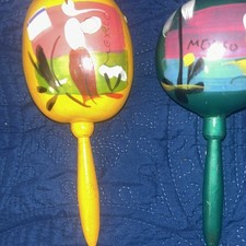Vintage Maracas Hand Painted Mexico Yellow Green Gourd Shaker Pair, Make Offer 