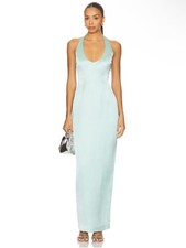 Nookie x Revolve Sabine Satin Halter Maxi Gown in Mint Blue Green Size Medium