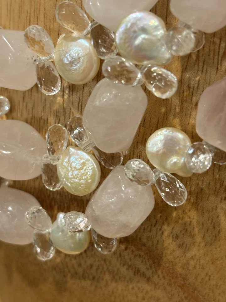 Fancy Rose Quartz Pearl Chunky Gemstone Statement Necklace - Image 2 of 4