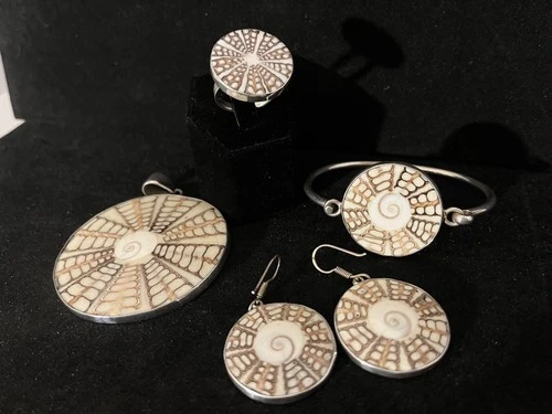 Vintage Artisan Charles Albert Spiral Shell Fossil 925 Sterling Silver 5pc Set