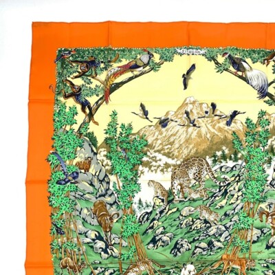Hermes Scarf Stole Sichuan Panda Orange Green Animal Safari Silk