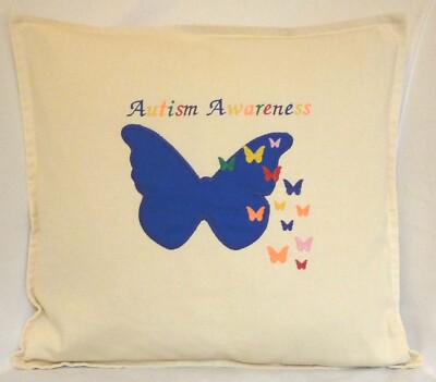 Autism Awareness Kissen blau Schmetterling Applikation mehrfarbig Stickerei creme UK
