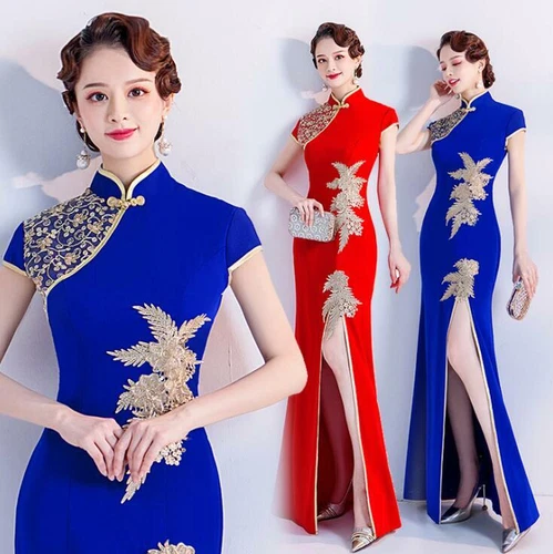 Hochgeschlitztes chinesisches Qipao-Damenkleid Cheongsam Stickerei Abschlussball Abend Party - Bild 2 von 17