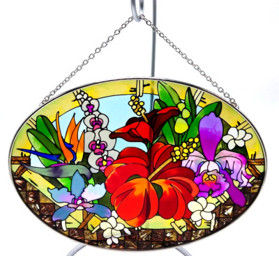 VTG Stained Glass Floral Flowers Window Sun Catcher Oval 9 X6.5  Chained