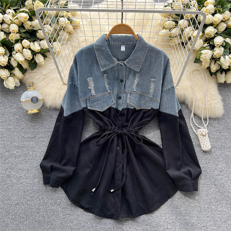 denim dress with drawstring waist Blue Drawstring High Waist Puff Sleeve Denim Mini Dress
