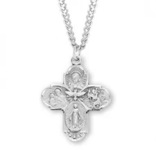 Sterling Silver 4-Way Medal 1.1 Inch x 0.9 Inch Catholic Medal Pendant Necklace