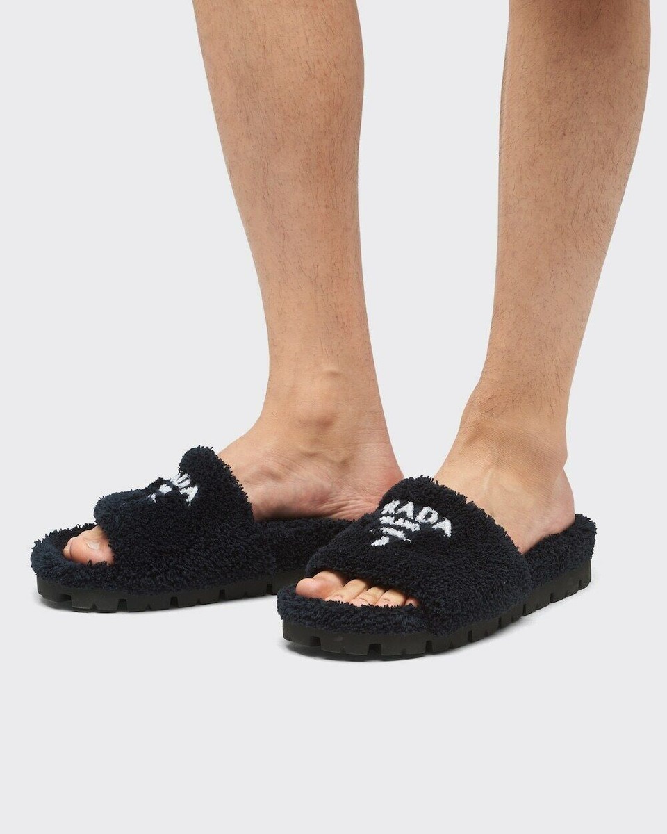 Prada Black Terry Cloth White Logo Slide Sandal Rubber Flip  display picture 3