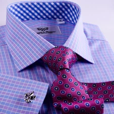 Purple Blue Plaid Checkers Formal Business Shirt With Blue Check Inner Lining