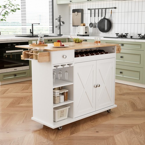 44 In Kitchen Island Cart w/ Solid Wood Top Wine Storage, Spice Rack Towel Rack - Picture 3 of 24