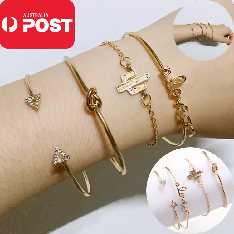 4PCs Gold Open Bangle Bracelet Set Crystal Rhinestone Love Knot Cactus Charm AU