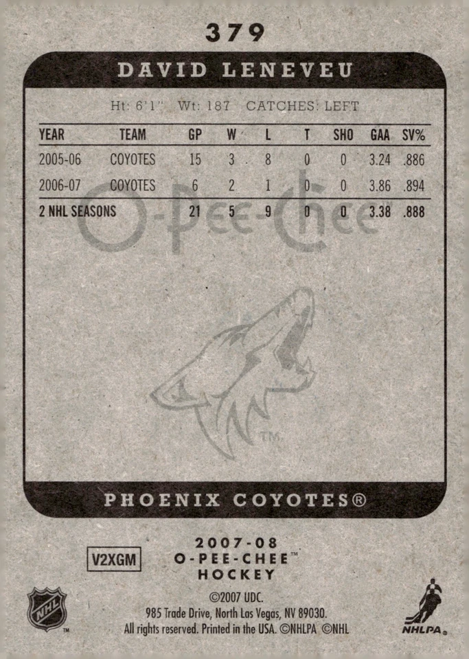 David Leneveu - Signed 2007-08 O-Pee-Chee Card #379 - Arizona Coyotes - Image 2 of 2