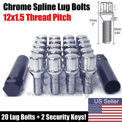 20Pc Chrome Spline Lug Bolts 12x1.5 Fits Saab 9-3 900 9-5 9-3X + 2 Security Keys