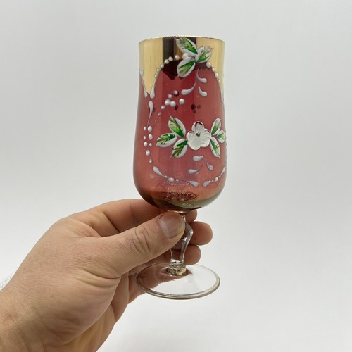 Vintage Set Of 4 Cups Bohemian Crystal Glasses Flowers Drawn Art Deco Red Enamel - Picture 5 of 19
