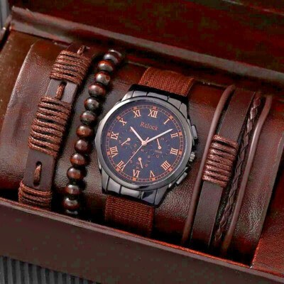 VINTAGE NYLON STAHL ARMBANDUHR, LEDERARMBÄNDER HOLZ, GESCHENKTÜTE