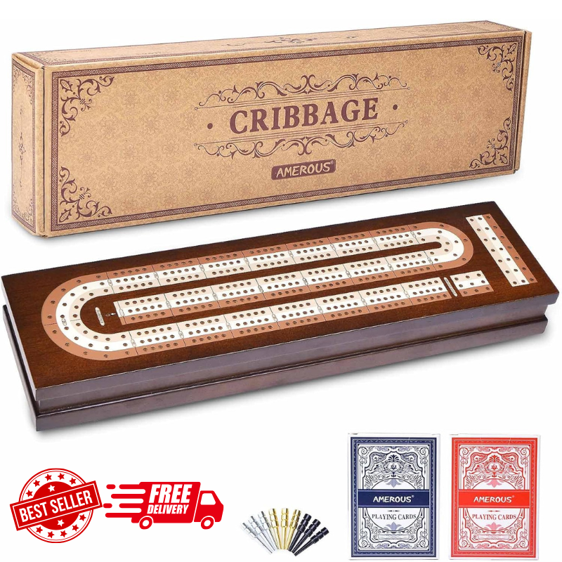 AMEROUS Wooden Cribbage Board Game Set With Magnetic Lock - Metal Pegs - 2 Cards