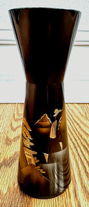 Vtg Japanese 6" Etched Metal Hourglass Vase w/Pagoda Landscape Black/Gold