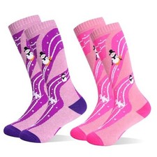 Kids Merino Wool Ski Socks 2 Pairs Boys Girls 7-12 Years 01 Pink purple